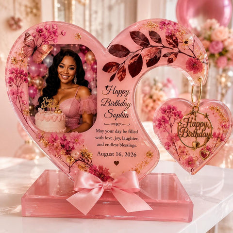 Resin heart photo plaque with a picture and a short message