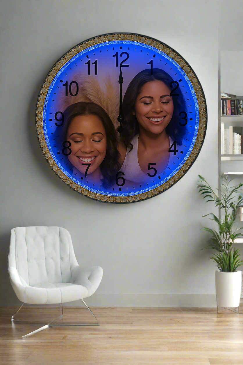 ⏰ Custom Mirror Rhinestone Wall Clock with Photo & LED Light