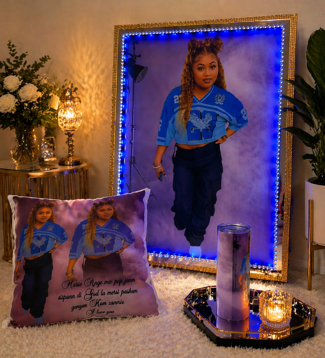 LED photo frame set with a personalized pillow and tumbler
